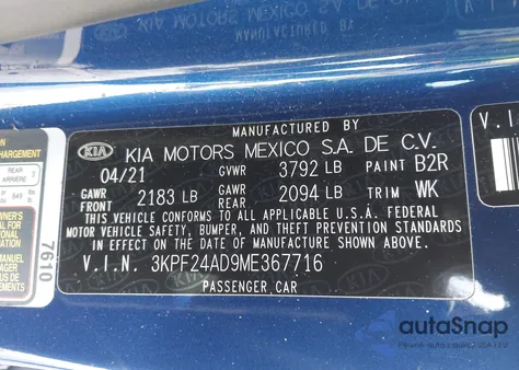 2021 Kia Forte Lxs из США, поврежденный, VIN 3KPF24AD9ME367716